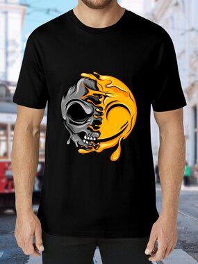 Black Short Sleeve Graphic Tee with Yellow & Gray Skull Yin-Yang